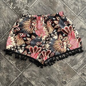 Boho Peacock/Paisley Inspired Patterned Women's Shorts w Tassels Hippie Festival